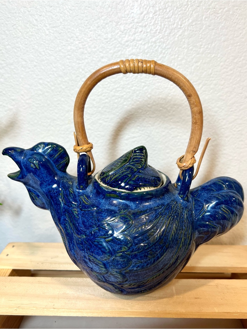 Ceramic Chicken Form Teapot | Cobalt Blue Ceramic w Bamboo Handle | Indonesia